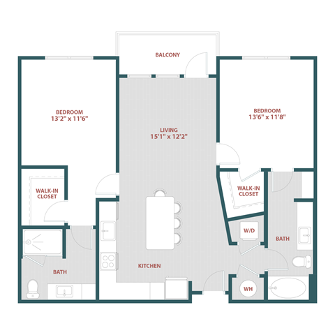 Floor plan for 2 beds, 2 baths, 1085 sqft